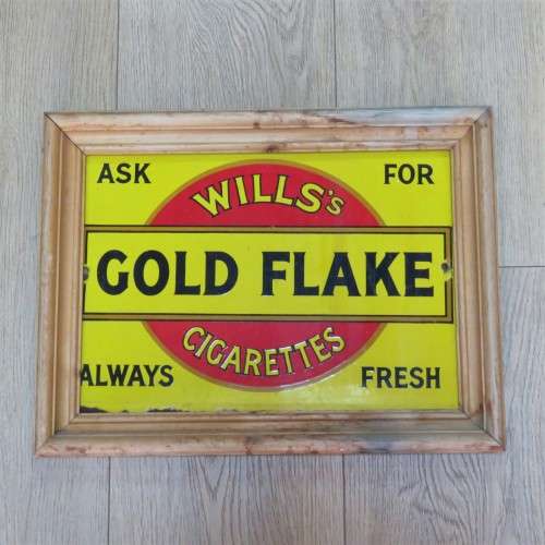 Gold Flake Wills`s Cigarettes enamel sign in wooden frame