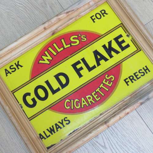 Gold Flake Wills`s Cigarettes enamel sign in wooden frame