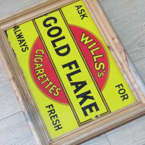 Gold Flake Wills`s Cigarettes enamel sign in wooden frame