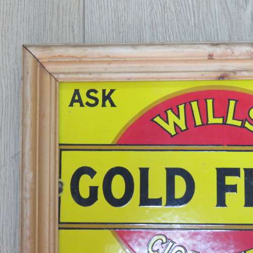 Gold Flake Wills`s Cigarettes enamel sign in wooden frame