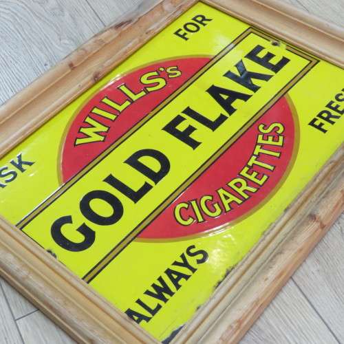 Gold Flake Wills`s Cigarettes enamel sign in wooden frame