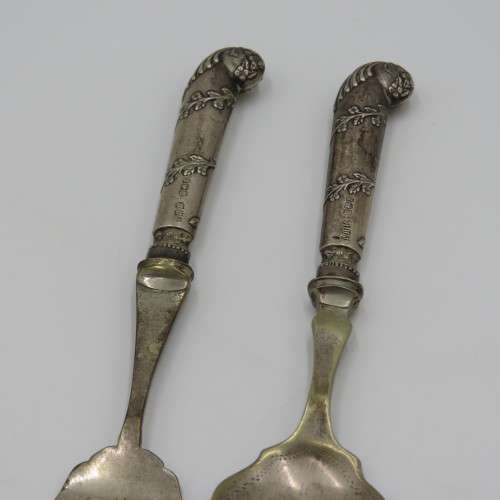 Antique Jam Spoon and relish fork set with hallmarked silver handles