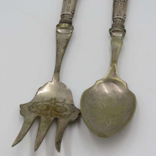 Antique Jam Spoon and relish fork set with hallmarked silver handles
