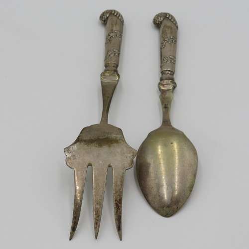 Antique Jam Spoon and relish fork set with hallmarked silver handles