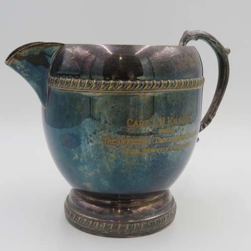 EMESS Silverplate on brass water jug presented to Captain LH Knaggs