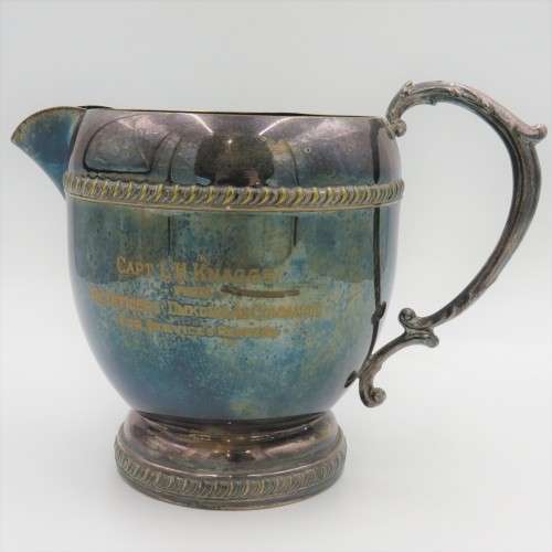 EMESS Silverplate on brass water jug presented to Captain LH Knaggs
