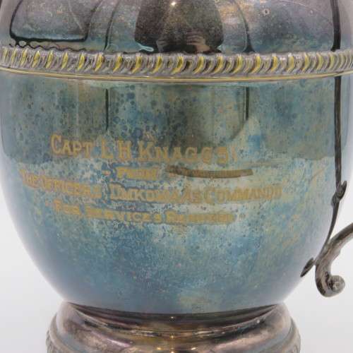EMESS Silverplate on brass water jug presented to Captain LH Knaggs