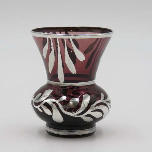 Vintage Cranberry glass vase with silver overlay