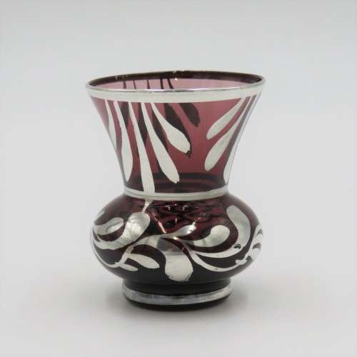 Vintage Cranberry glass vase with silver overlay