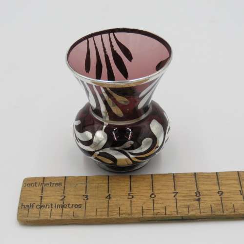 Vintage Cranberry glass vase with silver overlay