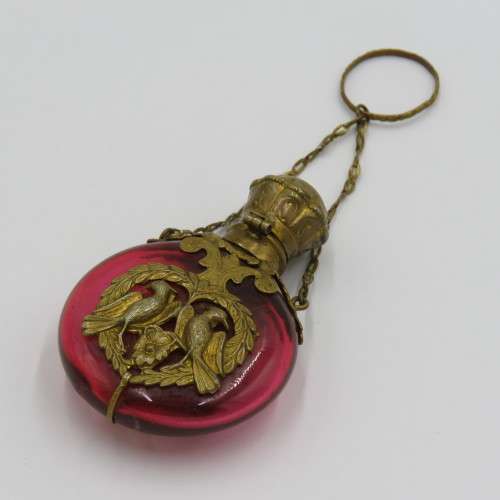 Antique Gilt brass cranberry glass perfume holder