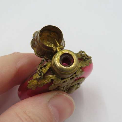Antique Gilt brass cranberry glass perfume holder