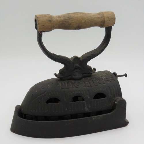 Antique Max EI6 Dresden Patent coal iron with wooden handle