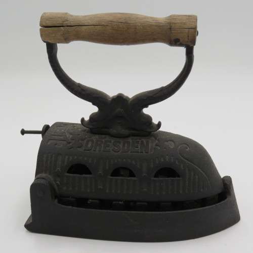 Antique Max EI6 Dresden Patent coal iron with wooden handle