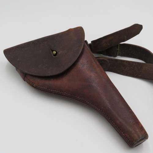 Vintage leather gun holster as used by military - With shoulder strap - Belt strap loose