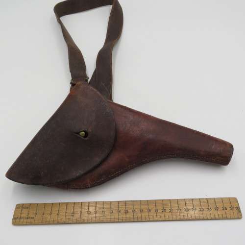 Vintage leather gun holster as used by military - With shoulder strap - Belt strap loose
