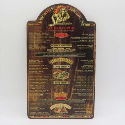 Vintage Alamo Spur Bellville wooden menu - Spur Burger R13,95