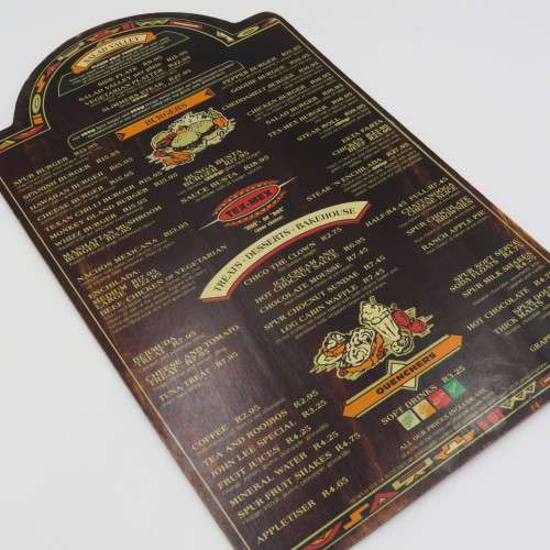 Vintage Alamo Spur Bellville wooden menu - Spur Burger R13,95