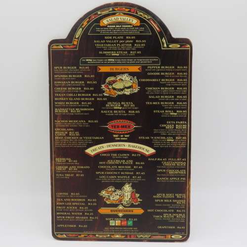 Vintage Alamo Spur Bellville wooden menu - Spur Burger R13,95