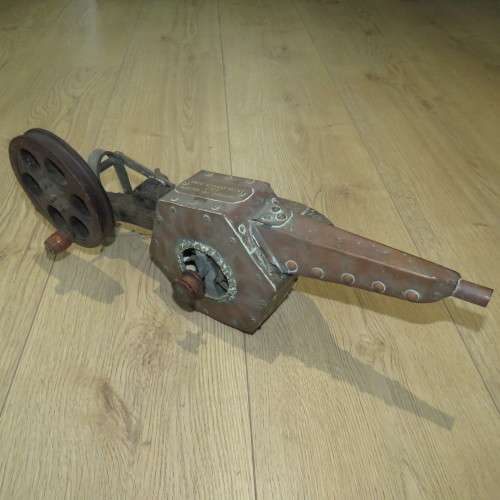 Antique wood and copper mechanical bellows with copper plaque
