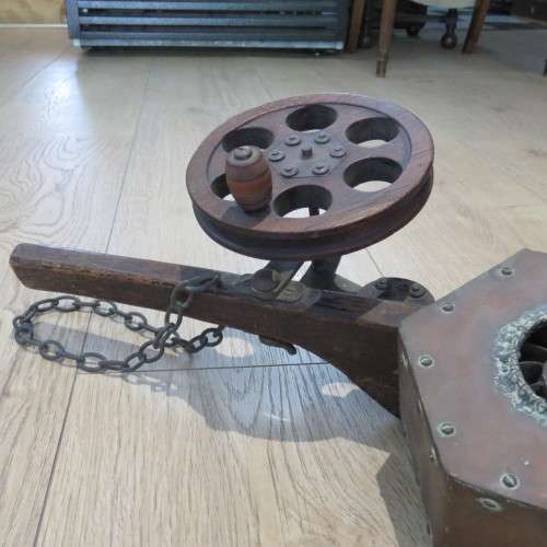 Antique wood and copper mechanical bellows with copper plaque