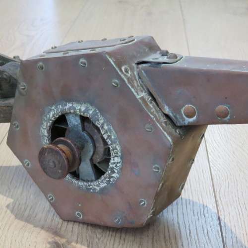 Antique wood and copper mechanical bellows with copper plaque