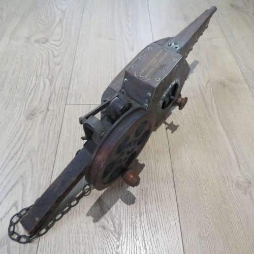 Antique wood and copper mechanical bellows with copper plaque