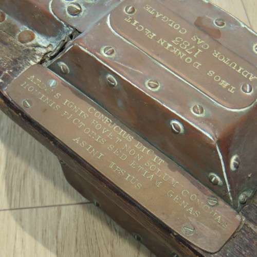 Antique wood and copper mechanical bellows with copper plaque