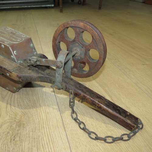 Antique wood and copper mechanical bellows with copper plaque