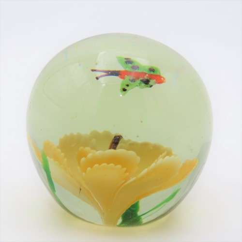 Vintage Lampwork handmade glass paperweight with flower and butterfly