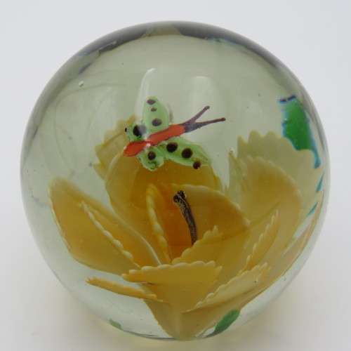 Vintage Lampwork handmade glass paperweight with flower and butterfly
