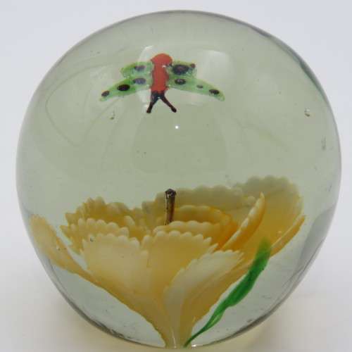 Vintage Lampwork handmade glass paperweight with flower and butterfly