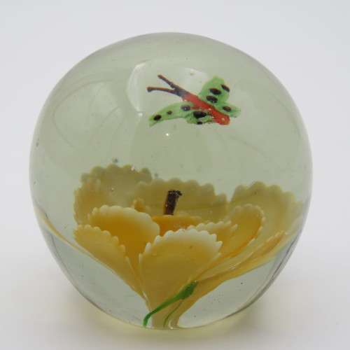 Vintage Lampwork handmade glass paperweight with flower and butterfly