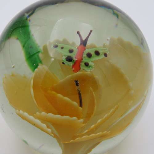 Vintage Lampwork handmade glass paperweight with flower and butterfly