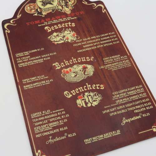 Vintage Tomahawk Spur Goodwood wooden desserts menu