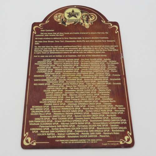 Vintage Tomahawk Spur Goodwood wooden desserts menu