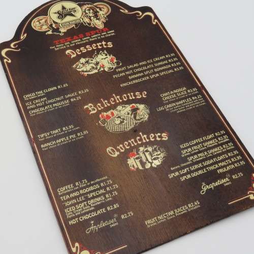 Vintage Texas Spur N1 City wooden desserts menu