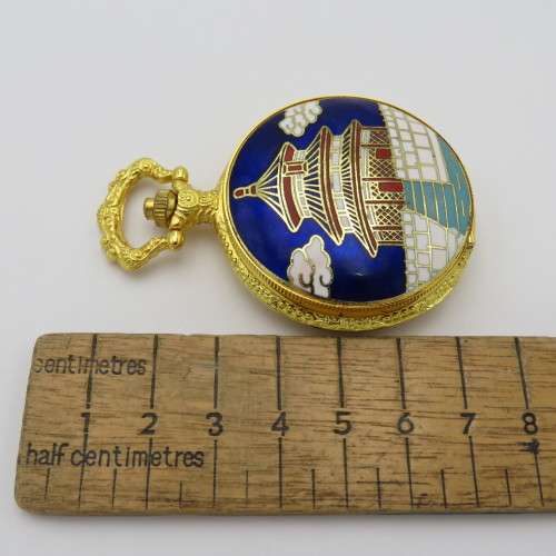 Full hunter pocketwatch with enamel Temple of Heaven design - Needs battery