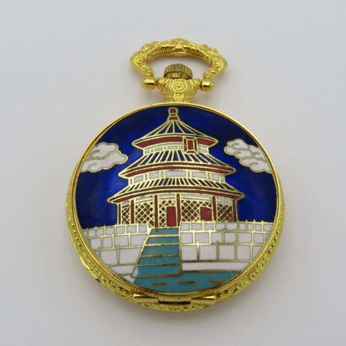 Full hunter pocketwatch with enamel Temple of Heaven design - Needs battery