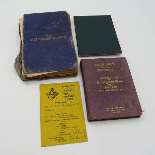Lot of Free Masons apron and sash with booklets of Bro. Schlimper