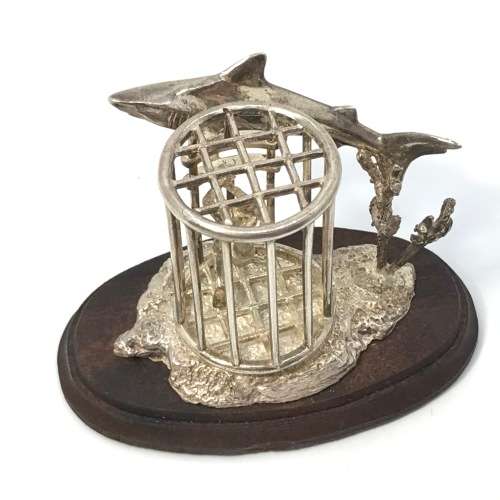 Sterling silver shark cage diving sculpture - By Stuart Benade