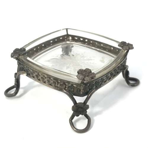 Portuguese Silver ashtray with glass inner - broken flower on corner