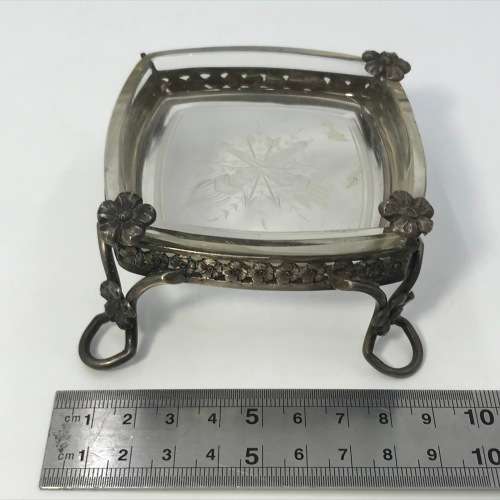 Portuguese Silver ashtray with glass inner - broken flower on corner