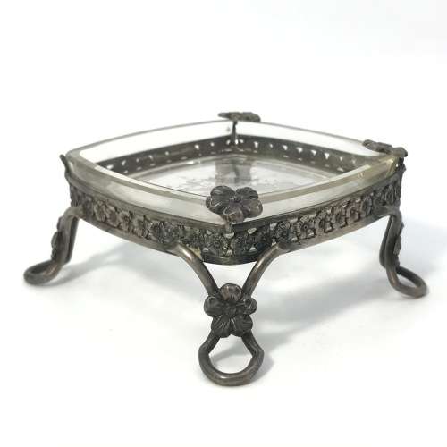 Portuguese Silver ashtray with glass inner - broken flower on corner
