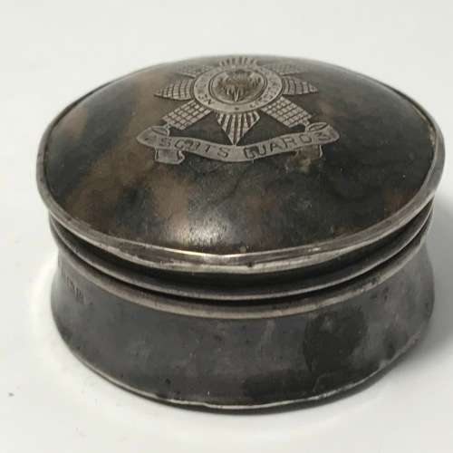 Scottish Hallmarked silver snuff box with Scots Guard emblem on tortoise lid - Birmingham