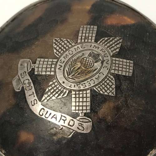 Scottish Hallmarked silver snuff box with Scots Guard emblem on tortoise lid - Birmingham
