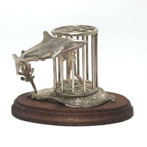Sterling Silver Shark Cage diving sculpture by Stuart Benade