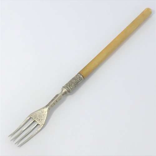 Victorian Sheffield silver pickle fork with bone handle