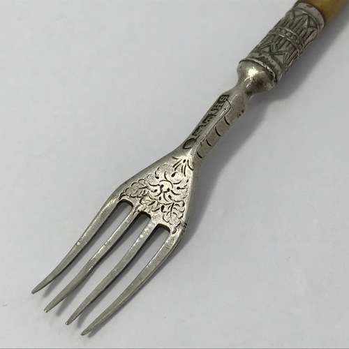 Victorian Sheffield silver pickle fork with bone handle