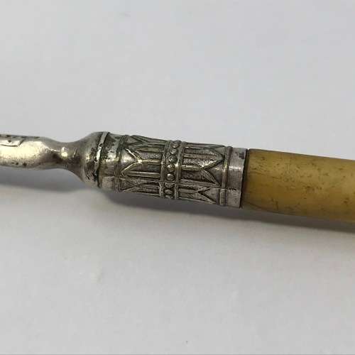 Victorian Sheffield silver pickle fork with bone handle